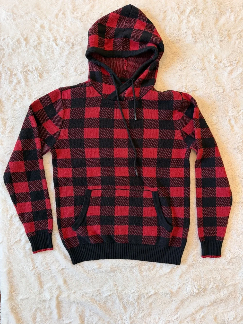 Retrofit Buffalo Plaid Knit Pullover Hoodie Sweater Red Black Men's Medium